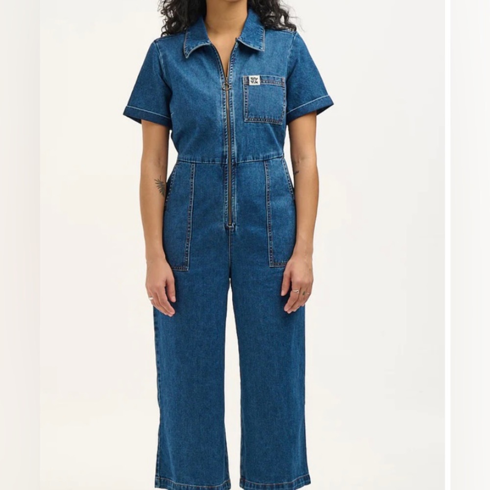 Lucy and Yak: Ragan Jumpsuit: ORGANIC DENIM - Mid Wash Blue